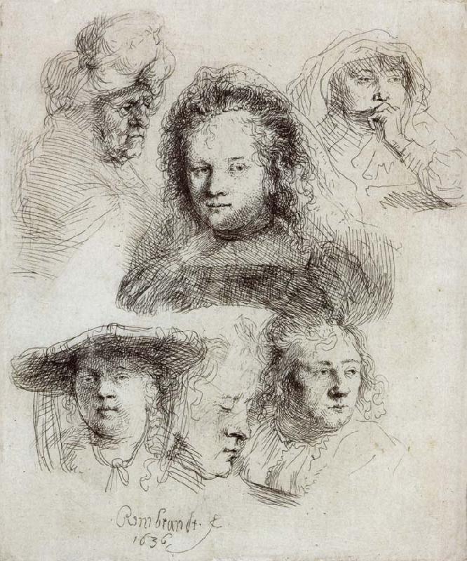 REMBRANDT Harmenszoon van Rijn Studies of the Head of Saskia and Others